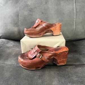 Joelle Women VTG 70's Wood Heel Leather Clog Mules 7B Fringe Woven Brown Retro